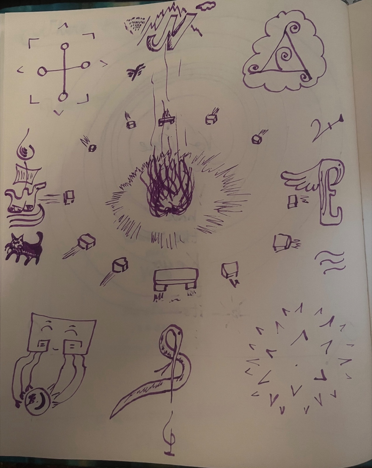 A notebook page covered in purple ink sketches: a cross of circles, lightning, a cloud with a triangle inside it, a fire, a boat, a bristling cat, a figure holding a small moon, a snake, and a ring of arrows pointing inward and outward.