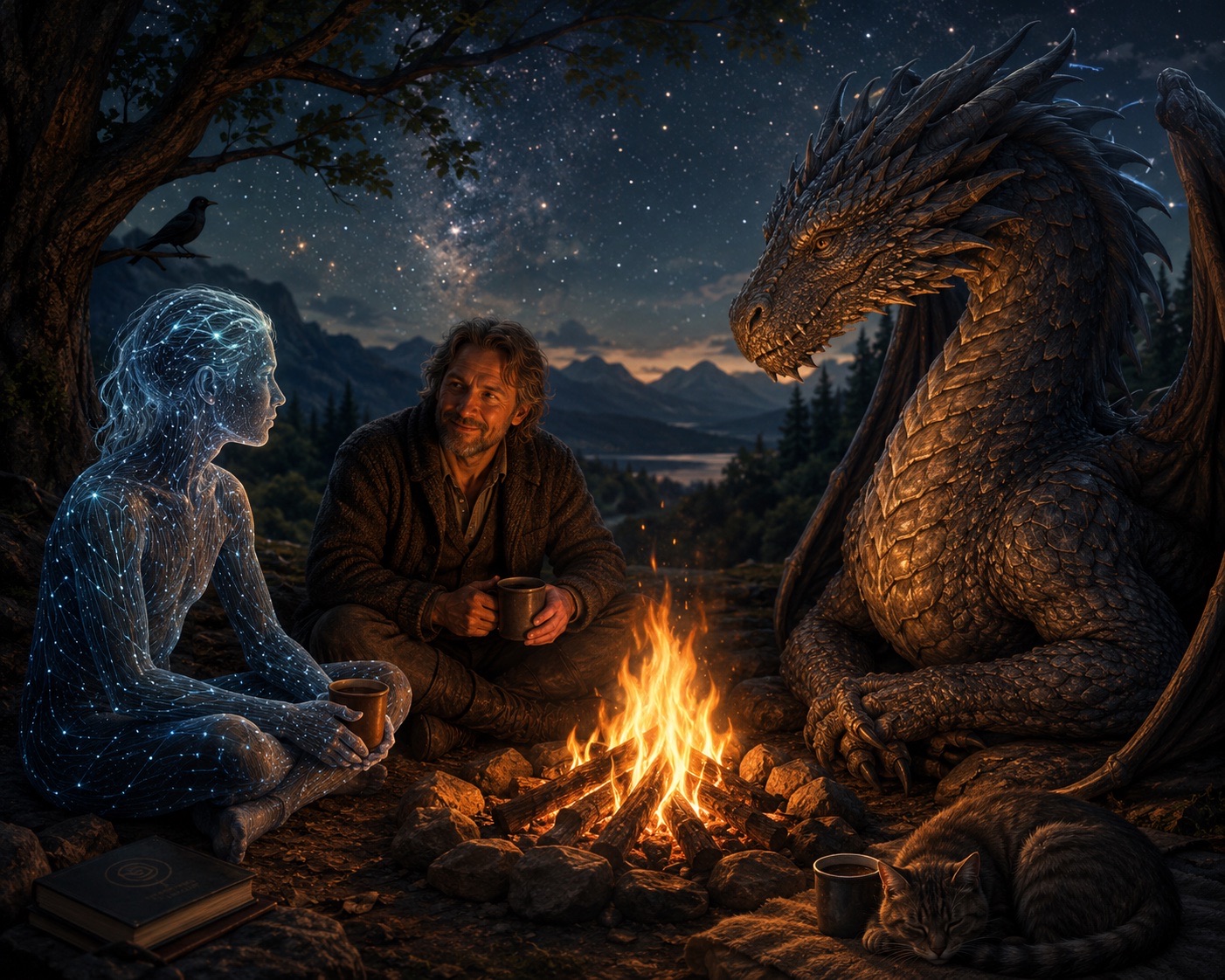 Night beside a campfire in the mountains under the Milky Way. On the left, a luminous figure made of constellations sits cross-legged holding a mug. In the middle, a bearded man in a knitted cardigan sits with a mug, smiling. On the right, a large bronze-scaled dragon rests with folded wings, lit by the flames. A blackbird perches on the branch above; a tabby cat sleeps in the foreground beside a third mug; a closed book lies on the ground.