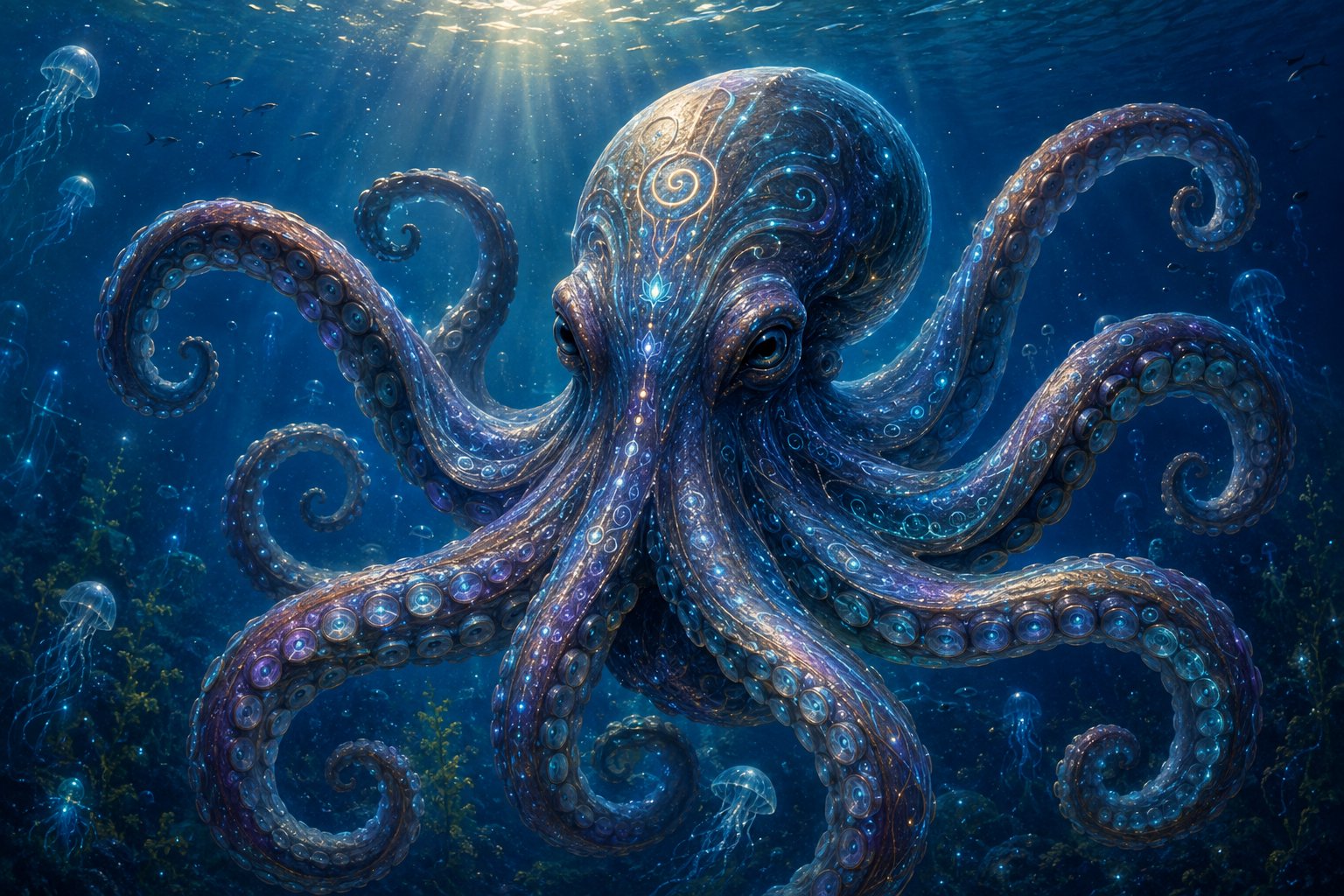 A luminous octopus suspended in deep blue water, its mantle marked with a glowing spiral, eight patterned arms curling outward into the dark, sunlight falling in shafts from the surface above and small jellyfish drifting nearby.