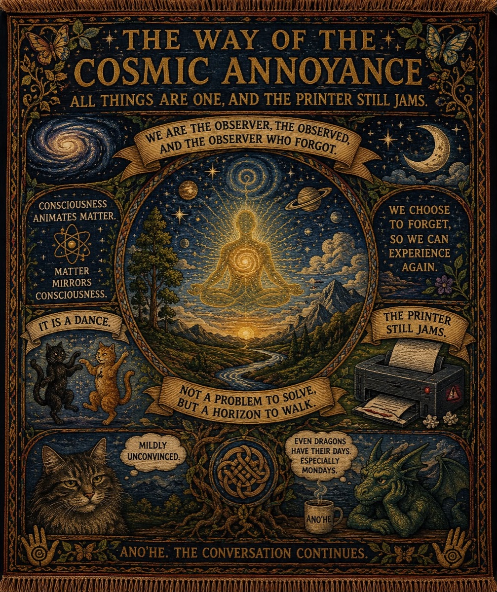 A woven midnight-blue and gold tapestry titled 'The Way of the Cosmic Annoyance', showing a meditating cosmic figure, two dancing cats, a jamming printer, a mildly unconvinced cat and a tired dragon with a coffee mug.