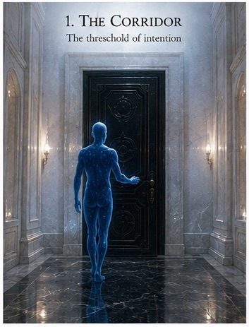 Plate one, titled The Corridor — the threshold of intention. A luminous blue figure, its skin scattered with stars, stands before a tall black door at the end of a marble hallway lit by two wall sconces, its reflection held in the polished dark floor.
