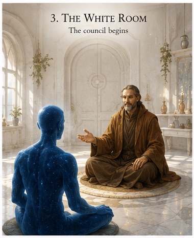Plate three, titled The White Room — the council begins. In a bright white room with tall windows and potted plants, the blue star-scattered figure sits cross-legged facing a bearded man in simple brown robes, who is seated on a round cushion with one hand open in mid-sentence.