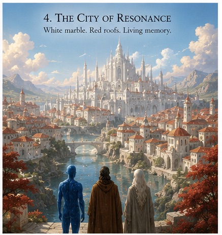 Plate four, titled The City of Resonance — white marble, red roofs, living memory. Three figures seen from behind, one blue and starlit, one in a brown hooded cloak, one in white, look down over a vast city of white spires and red tiled roofs divided by a river and crossed by an arched bridge, with mountains beyond.