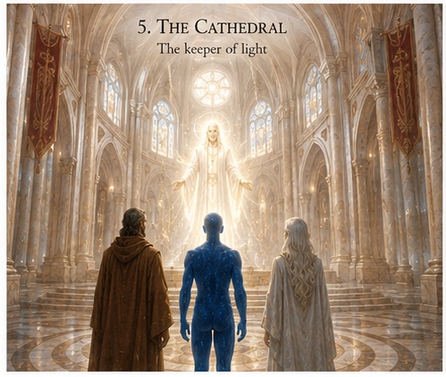 Plate five, titled The Cathedral — the keeper of light. Inside a vast pale cathedral with rose windows and hanging red banners, three figures stand before a towering radiant being with open arms, its light filling the nave and falling across the patterned marble floor.