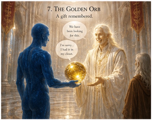 Plate seven, titled The Golden Orb — a gift remembered. The blue star-scattered figure holds out a glowing golden sphere to a smiling white-haired luminous being; two speech bubbles read “We have been looking for this.” and “I'm sorry… I had it in my closet.”