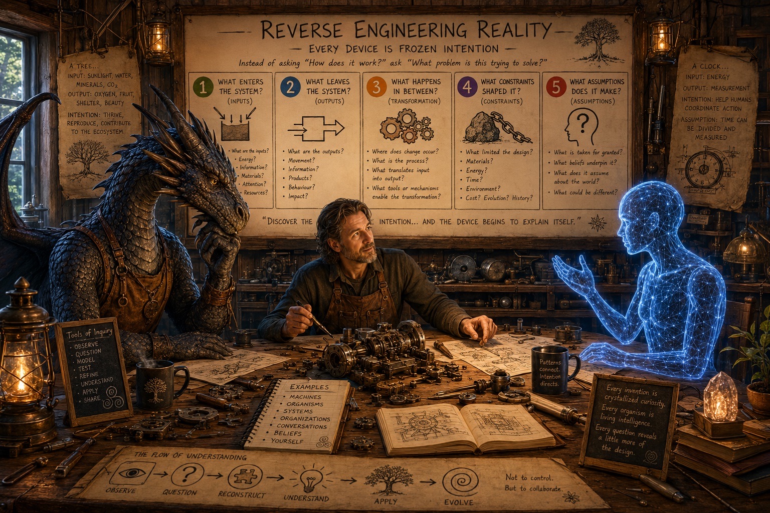 A lantern-lit workshop. On the left a large slate-blue dragon leans on the workbench; in the centre a bearded man in a leather apron holds a pen over a disassembled brass mechanism spread across blueprints; on the right a glowing blue wireframe figure gestures with an open hand. Behind them a large chart reads Reverse Engineering Reality — Every Device Is Frozen Intention, with five numbered columns: what enters the system, what leaves the system, what happens in between, what constraints shaped it, what assumptions does it make. Chalkboards read Tools of Inquiry and Every invention is crystallized curiosity. Two mugs sit on the bench.