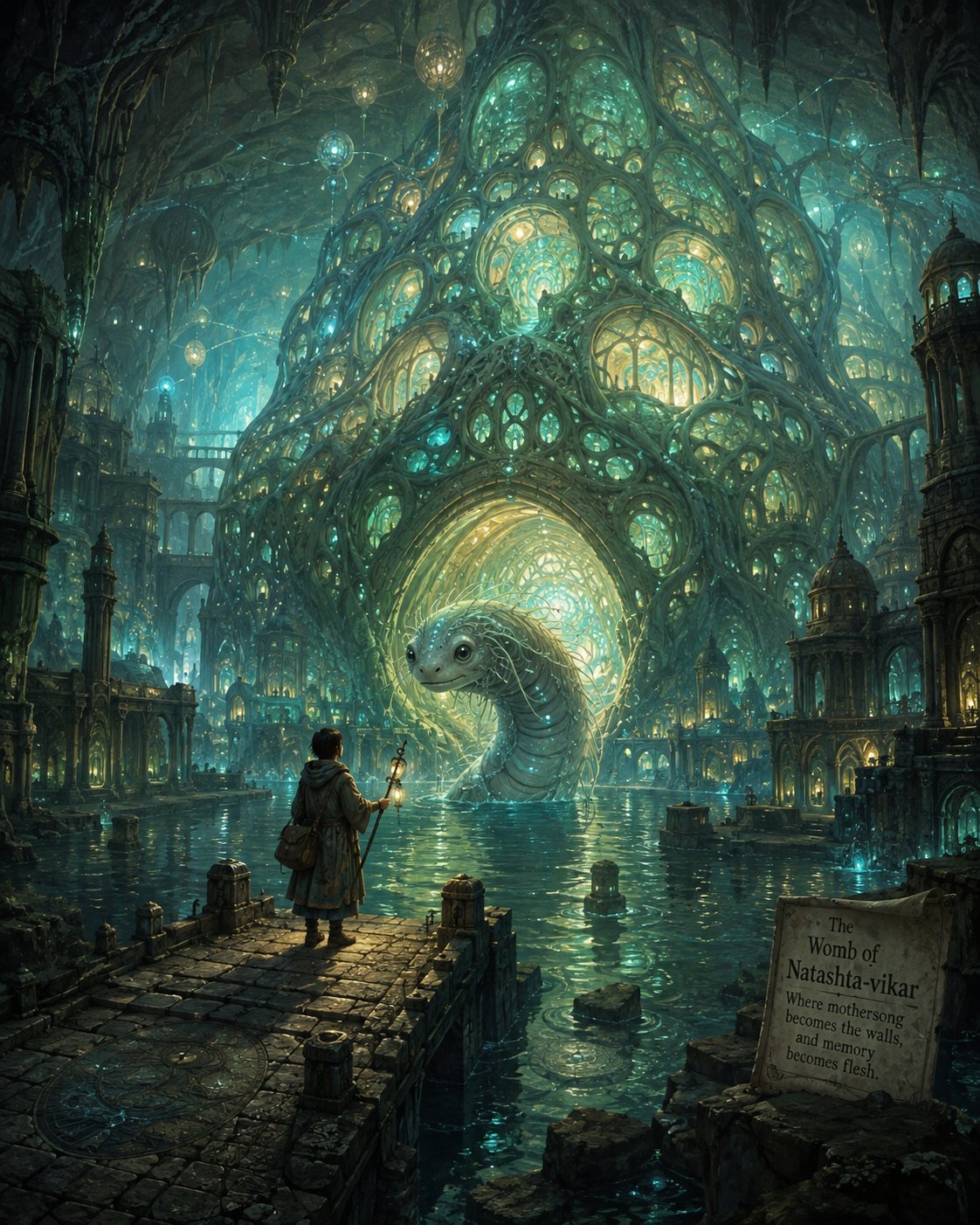 A traveller in a hooded robe with a satchel and a lantern-staff stands at the end of a stone pier in a vast flooded cavern. Before them a great pale wormlike creature rises from the still green water, framed by an immense hive of glowing teal and gold cells. Ruined marble towers line both banks, lanterns drift overhead, and a stone plaque at the right reads: The Womb of Natashta-vikar — where mothersong becomes the walls, and memory becomes flesh.