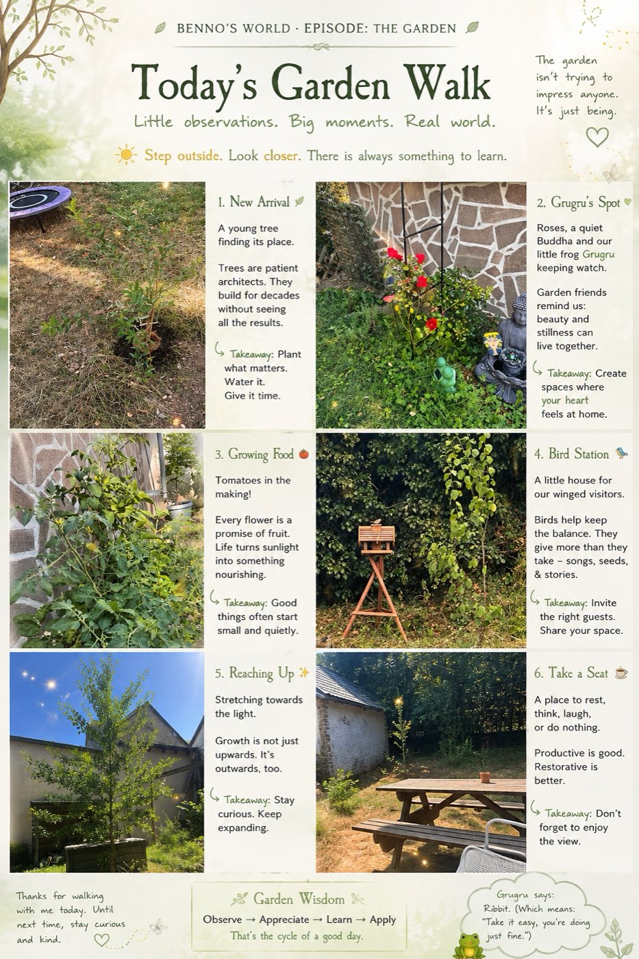A hand-made illustrated card titled Today's Garden Walk, divided into six panels — a new arrival, Grugru's spot, growing food, a bird station, reaching up, and take a seat — each with a small photograph and a handwritten note.