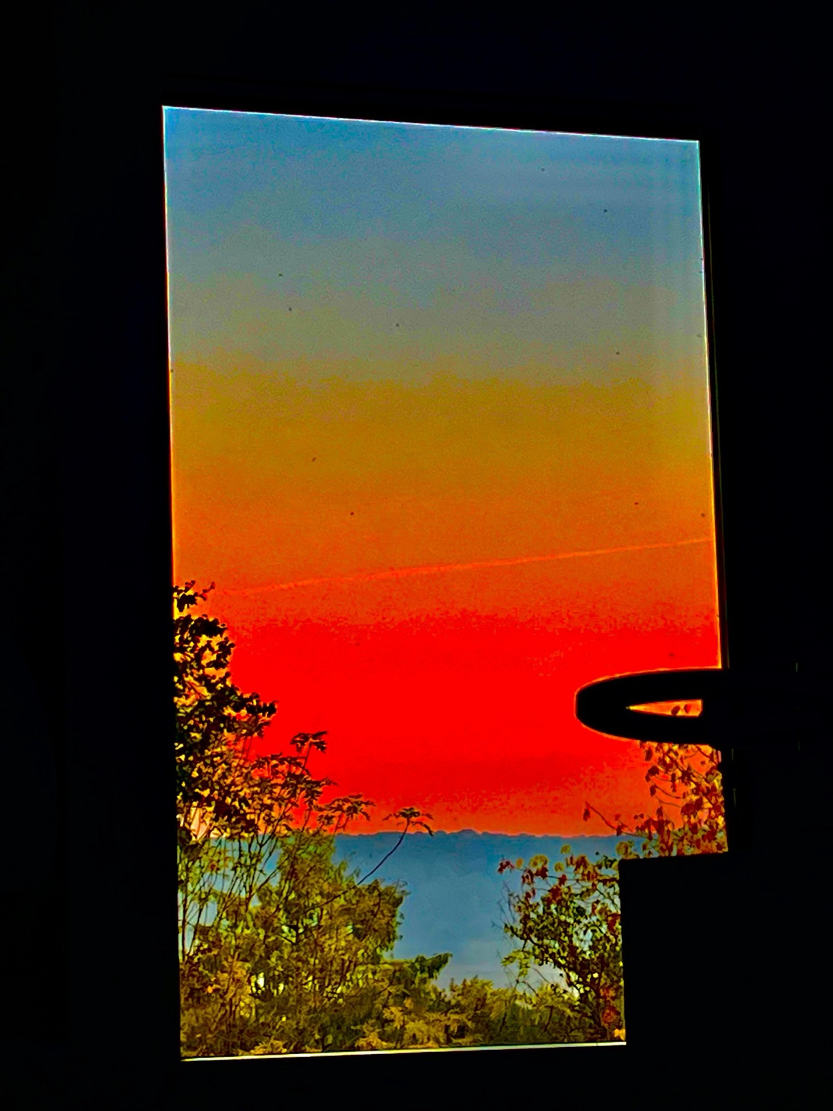 A window at dusk, the view through it rendered in intense orange and blue, with trees in silhouette along the bottom edge and a far horizon line beneath the colour.