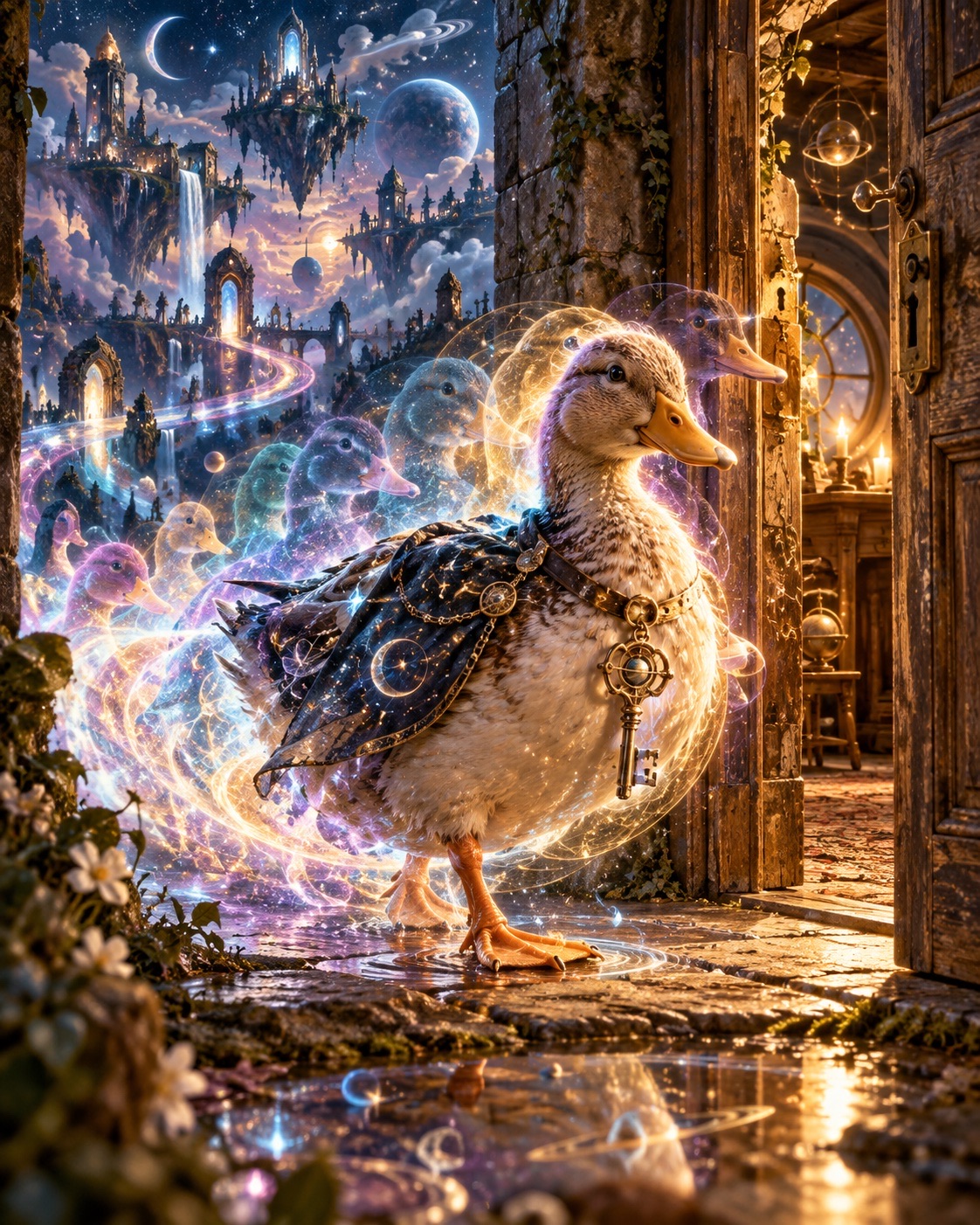 A duck in a star-embroidered cloak with a large ornate key on its collar stands in an open doorway at night. Behind it, a fan of ghostly luminous ducks in pink, blue and green curls away into a floating city of towers, waterfalls and moons; through the door on the right, a warm candlelit room.