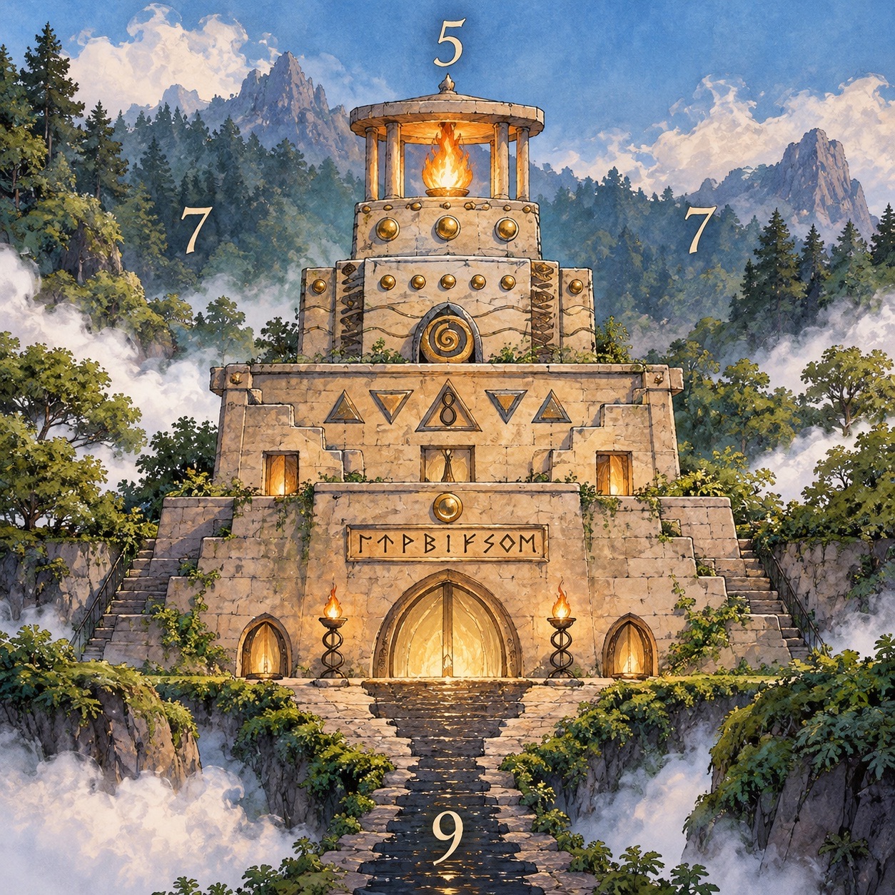 A tiered stone temple on a misty mountainside, torches lit either side of a glowing arched doorway, runes carved above it, a flame burning in a pillared shrine at the summit, and the numerals 5, 7, 7 and 9 floating in the air around it.