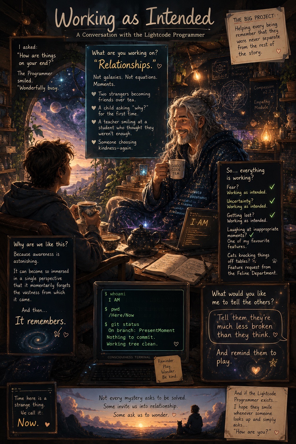 A lantern-lit workshop full of impossible things. A grey-haired figure in a robe printed with stars and constellations sits at a workbench holding a mug labelled GOOD CODE TEA, smiling at a visitor seated opposite with a teacup. Behind them a great window opens onto planets and violet nebulae; chalkboards around the room carry handwritten notes reading “Relationships.”, “Working as intended.” and “It remembers.”, and a small terminal screen shows the words I AM.